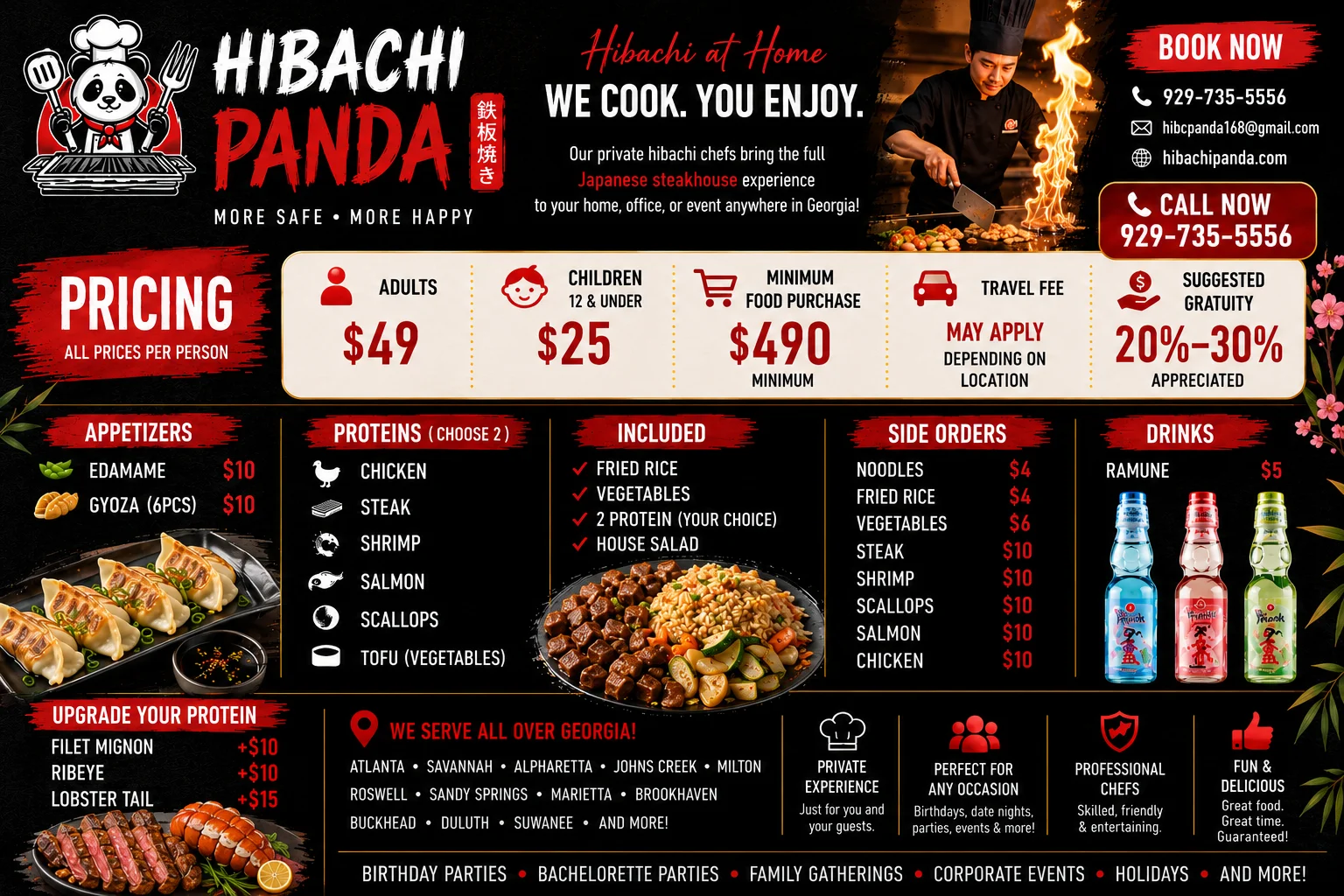 Hibachi Panda mobile hibachi catering pricing menu